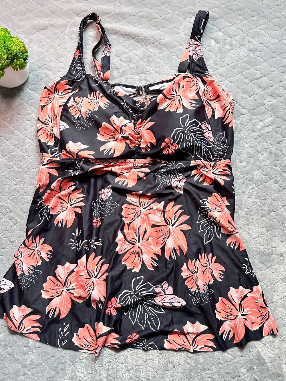Girls Black Floral One-Piece Swimsuit with Pink Coral Flowers